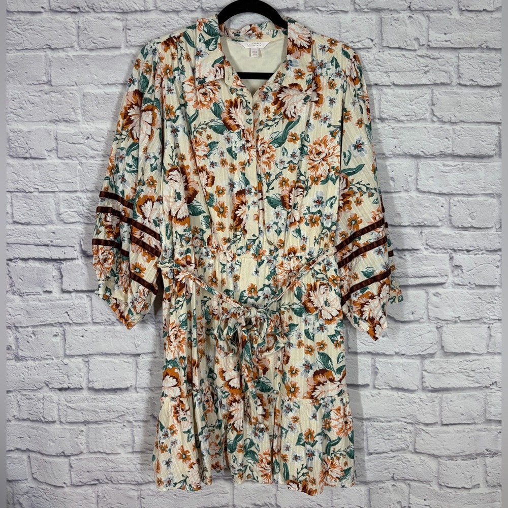 LC Lauren Conrad Floral Tie Waist Tiered Mini Dress Cream Size XXL